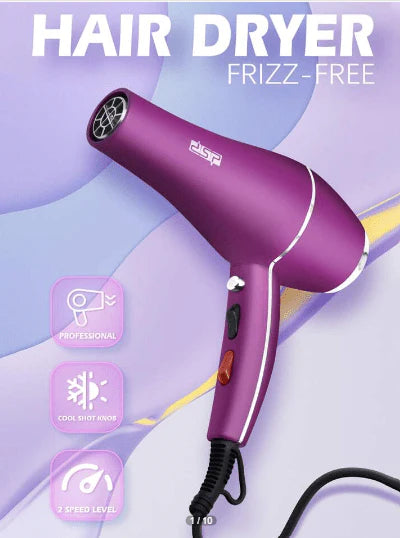 Frizz-Free Hair Dryer with ionic technology and multiple heat settings for smooth, shiny hair and long-lasting frizz control